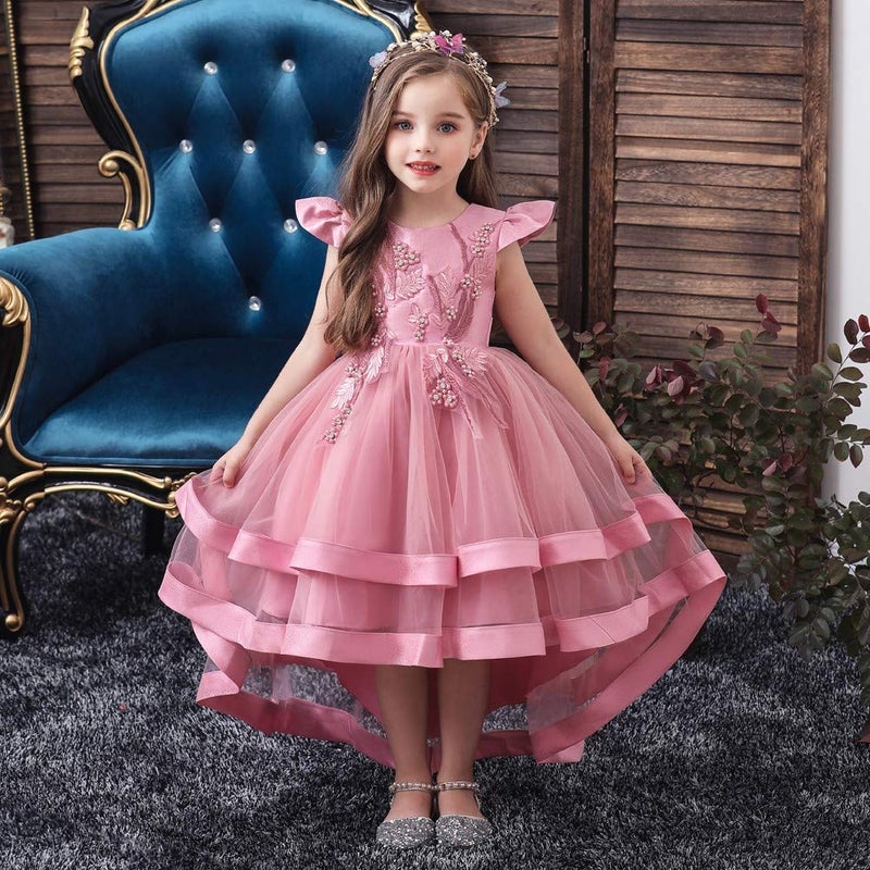 HIHCBF Little Big Girls Flower High Low Tulle Dress Princess Wedding Pageant Birthday Party Formal Evening Dance Ball Gown Dusty Rose 4-5T - Image 2